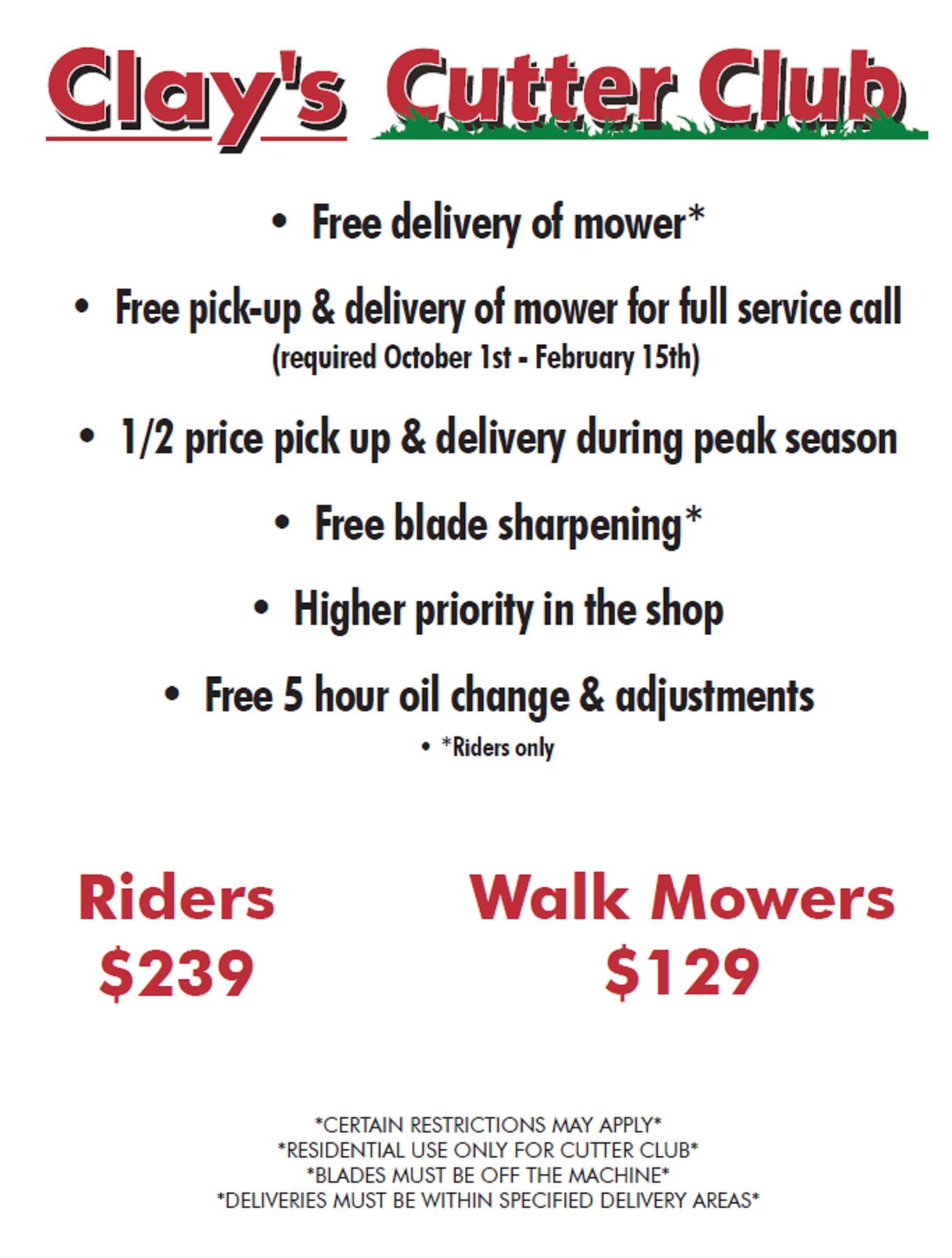Clay’s Cutter Club® Raleigh, NC Mower Warranty Benefits